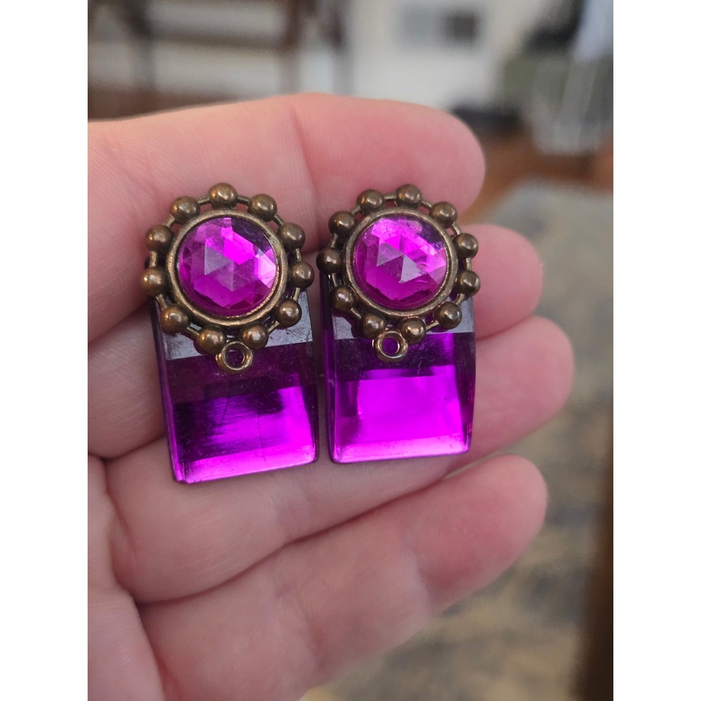 Purple Lucite Brass Clip-On Earrings Vintage